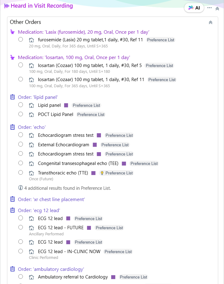 Epic Heard in Visit Recording panel showing verbalized medications, labs, imaging, and referral orders queued for review