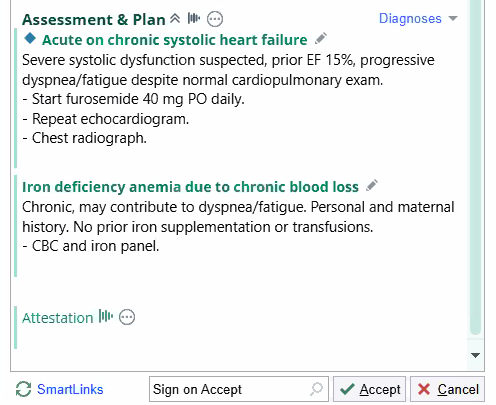 Assessment and Plan in the note with verified headers Acute on chronic systolic heart failure and Iron deficiency anemia due to chronic blood loss, each followed by its plan