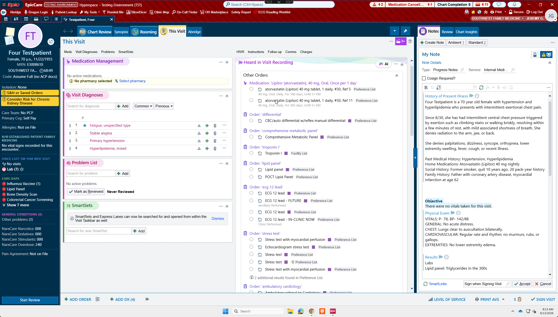 Hyperspace This Visit tab with the Heard in Visit Recording section open beside the ambient note draft, scrolling through the verbalized orders