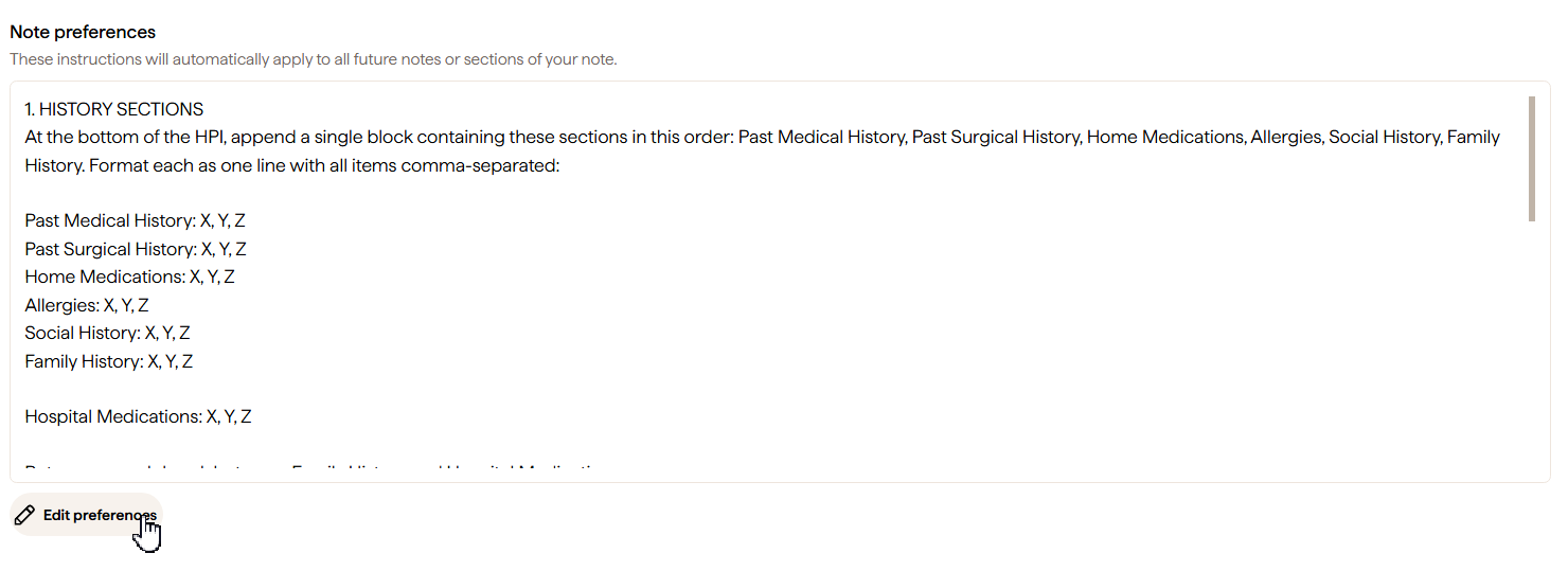Note preferences instruction box listing history sections to append to the HPI, with the Edit preferences button below it