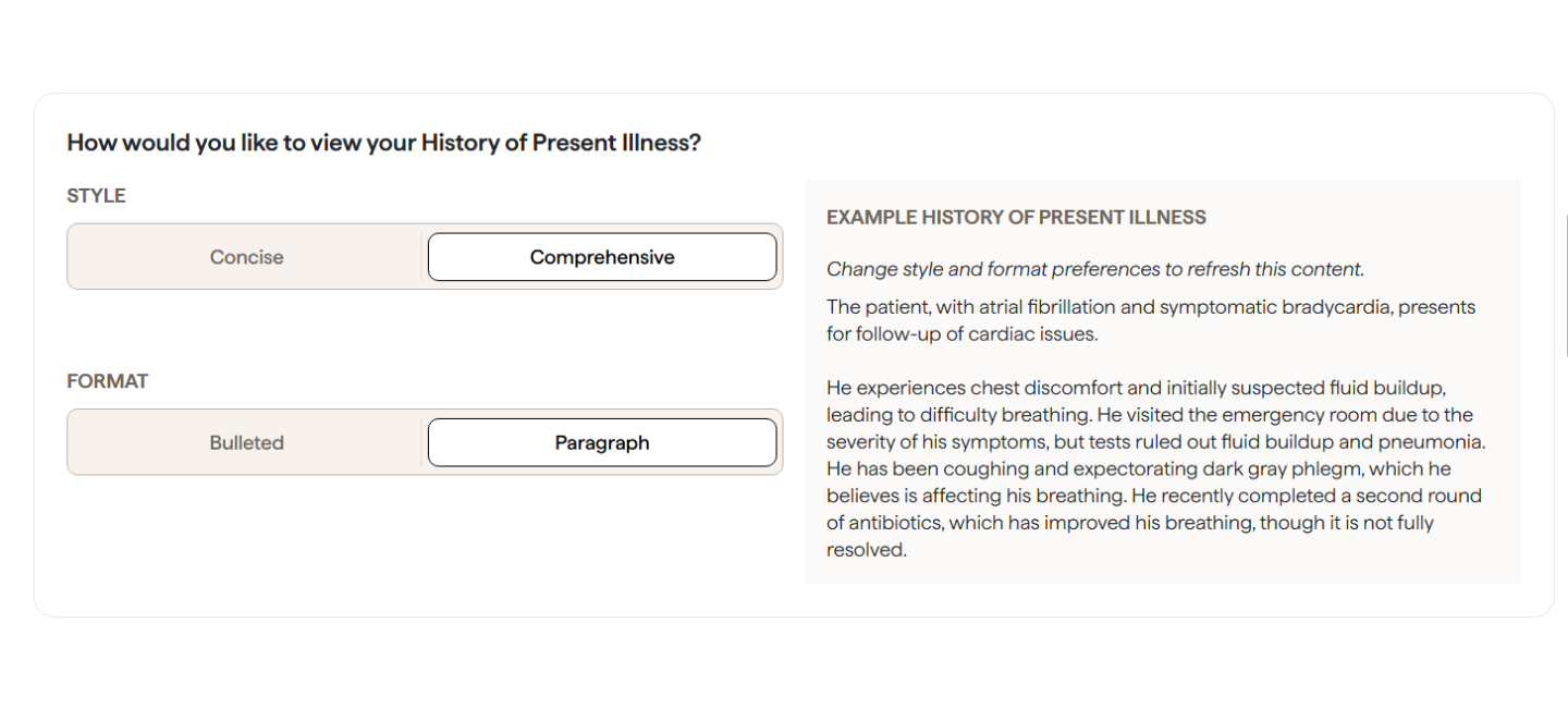 Abridge note settings asking how you would like to view your History of Present Illness, with style Concise or Comprehensive, format Bulleted or Paragraph, and a live example