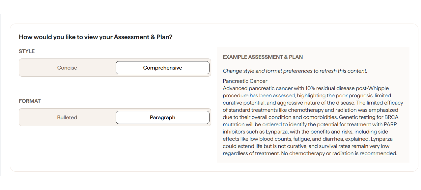 Abridge Assessment and Plan settings with style Concise or Comprehensive and format Bulleted or Paragraph beside an example
