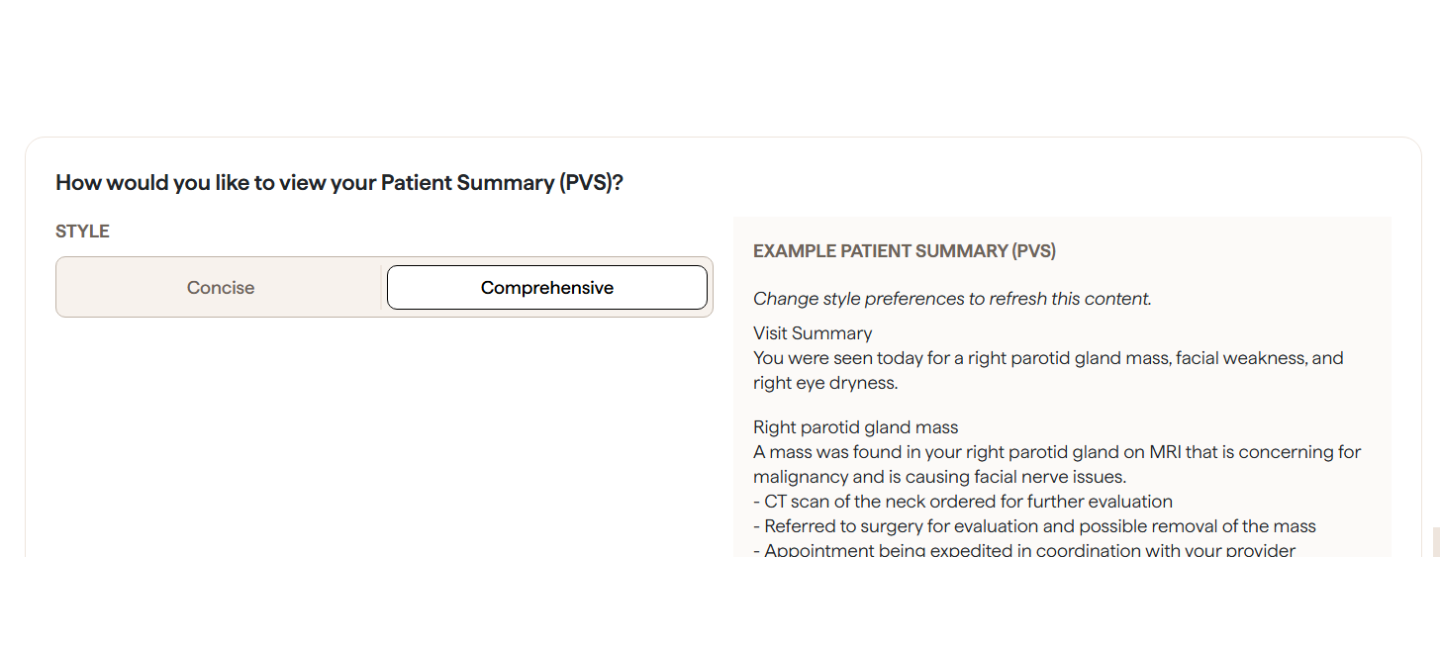 Abridge Patient Summary settings with style Concise or Comprehensive beside an example patient visit summary