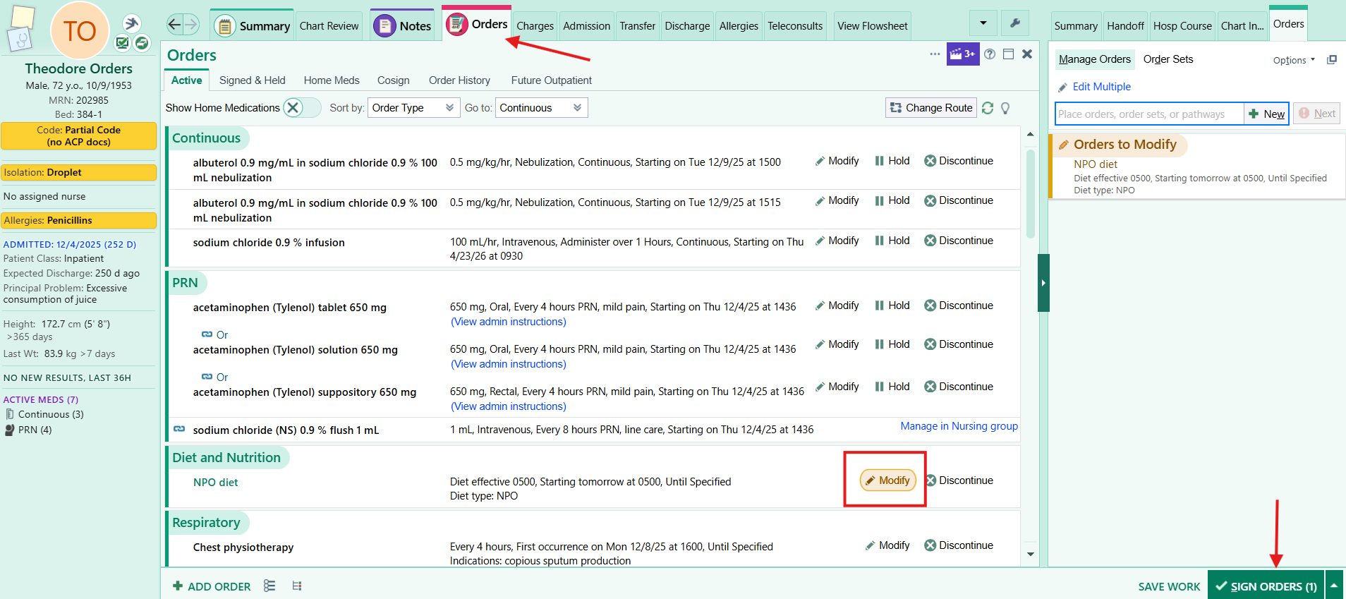Orders activity Active tab with Modify buttons and Sign Orders