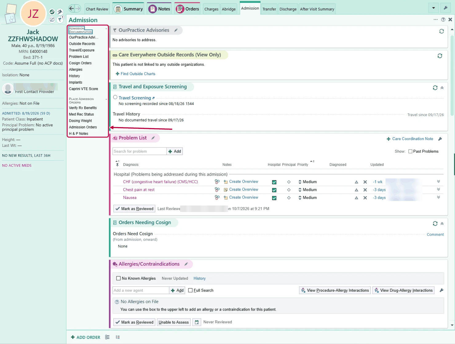 Admission navigator in a test patient's chart with its sections outlined down the left and an arrow to Admission Orders