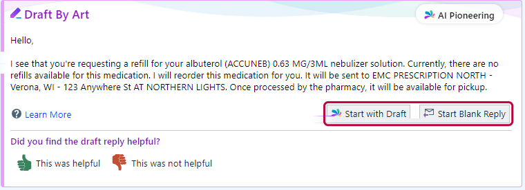 AI-drafted reply to a refill request with Start with Draft and Start Blank Reply outlined