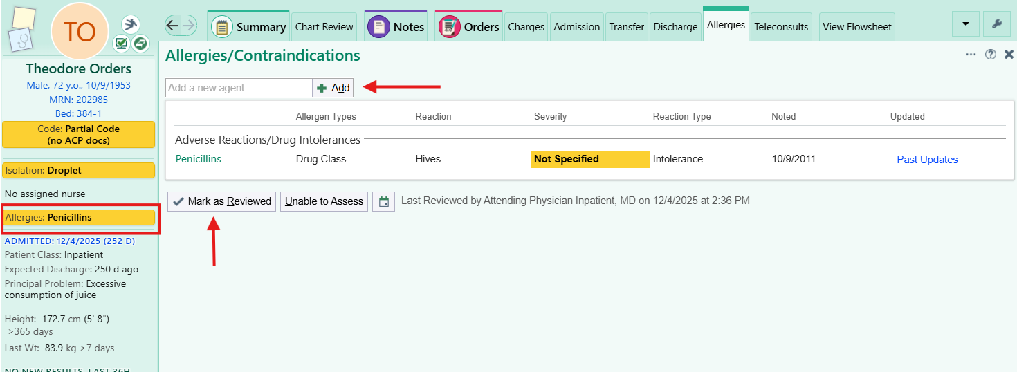 Allergies activity for a test patient with Mark as Reviewed