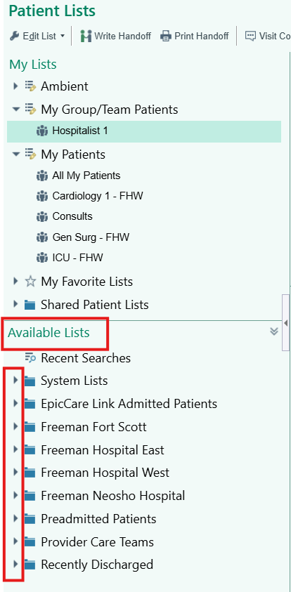 Patient Lists with My Lists above and Available Lists below, showing the hospital folders