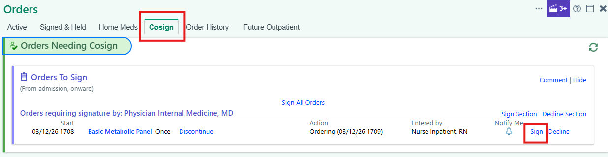 Orders activity Cosign tab with Sign and Decline links