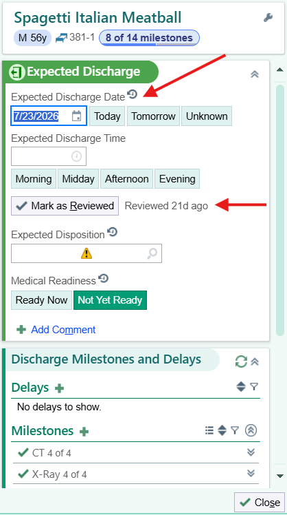 Expected Discharge section with the date, Mark as Reviewed, and discharge milestones