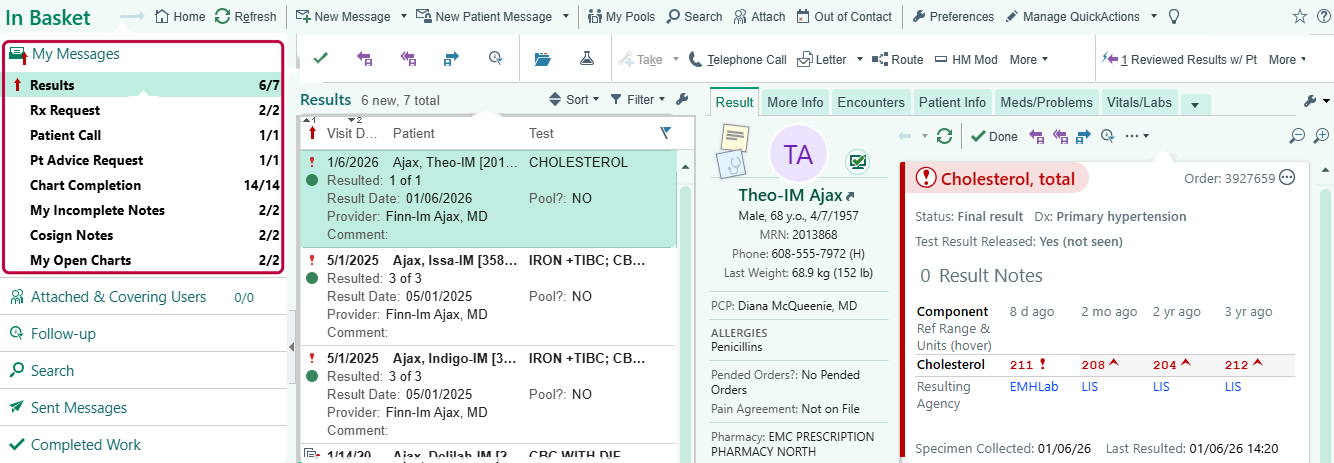In Basket with the My Messages folder list outlined, a results message list, and the selected result open on the right