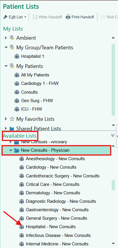 New Consults - Physician folder in Available Lists