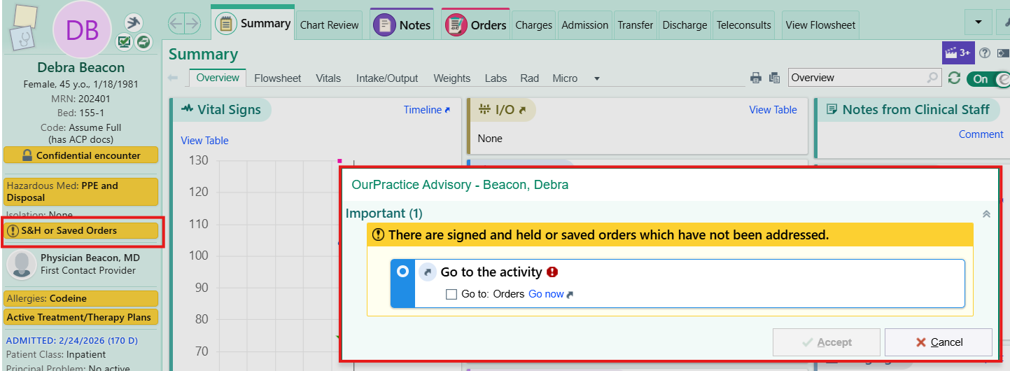 OurPractice Advisory banner on a test patient's chart
