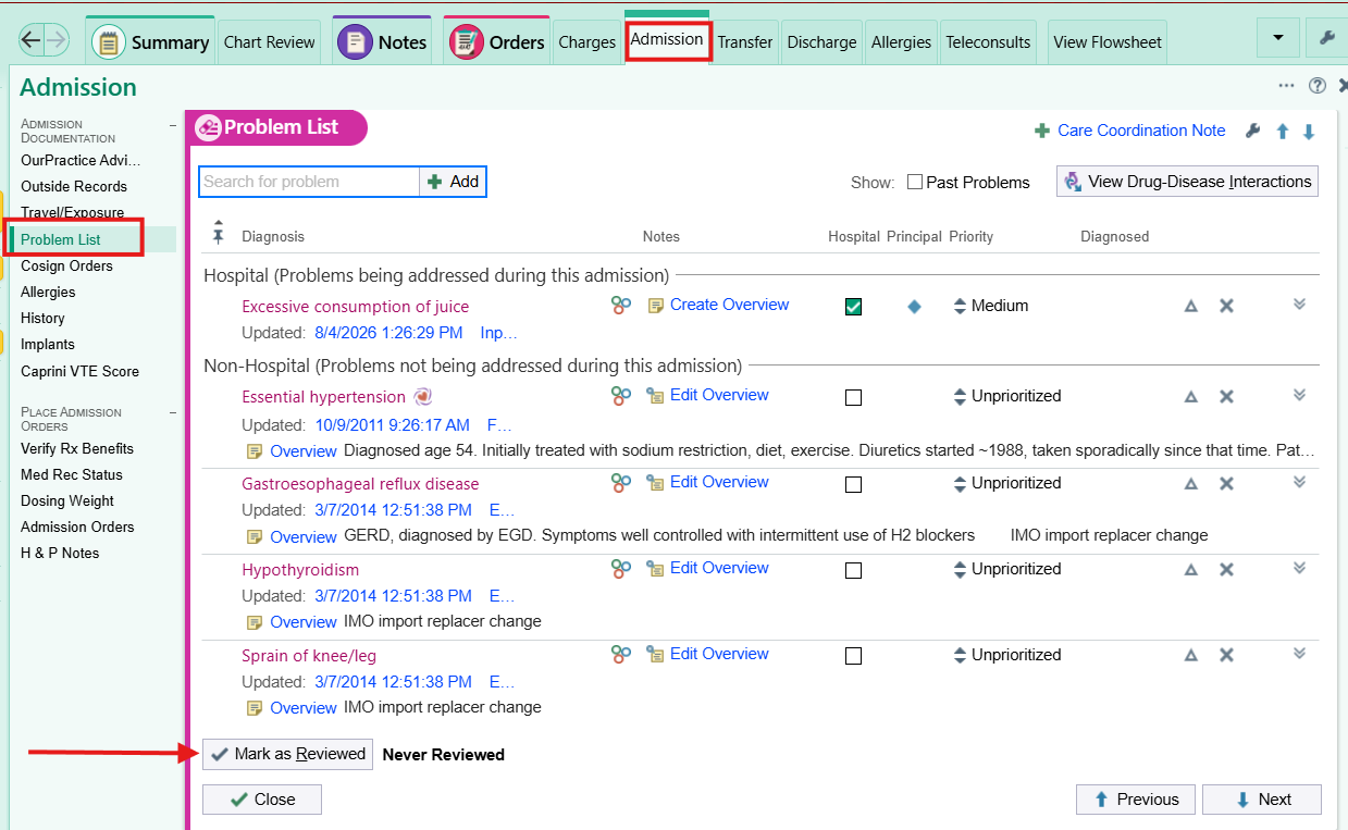 Problem List in the Admission navigator with hospital problems and Mark as Reviewed