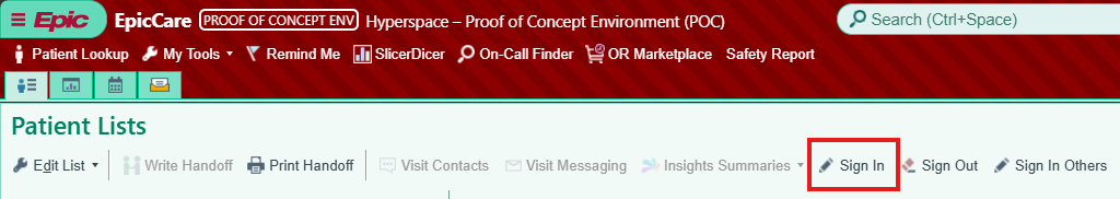 Patient Lists toolbar with the Sign In button