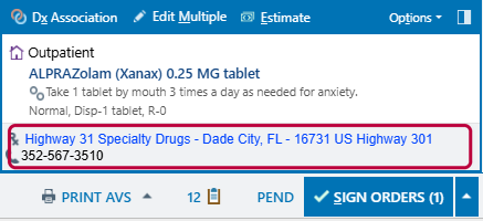 Order sidebar with an outpatient prescription, the pharmacy outlined, and Sign Orders