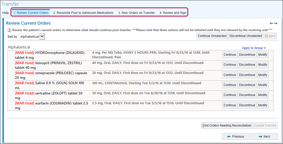 Transfer reconciliation with its four steps outlined: Review Current Orders, Reconcile Prior to Admission Medications, New Orders on Transfer, and Review and Sign, with Continue, Discontinue, and Modify beside each order