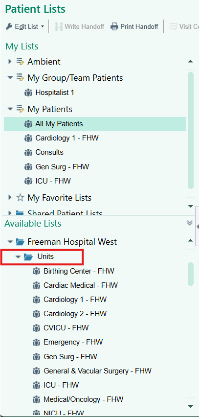 A hospital folder in Available Lists opened to its unit lists