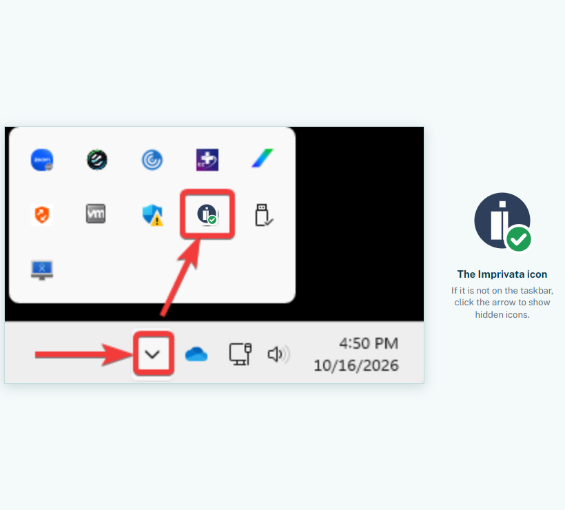 Windows notification area with the hidden icons open and the Imprivata icon outlined, plus a larger view of the icon: a dark circle with a white i and a green check