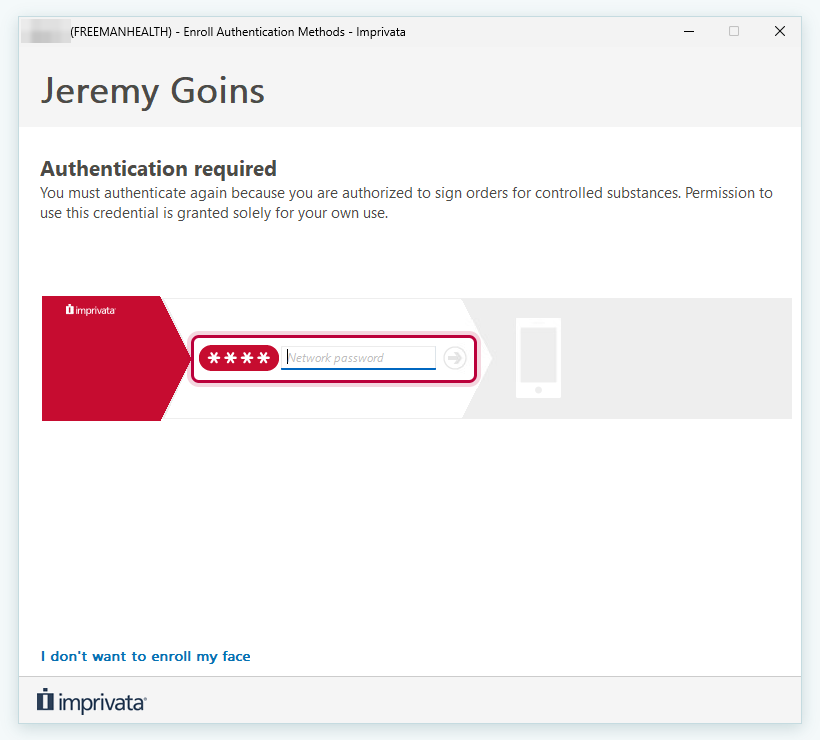 Imprivata Authentication required page with the password field and arrow outlined