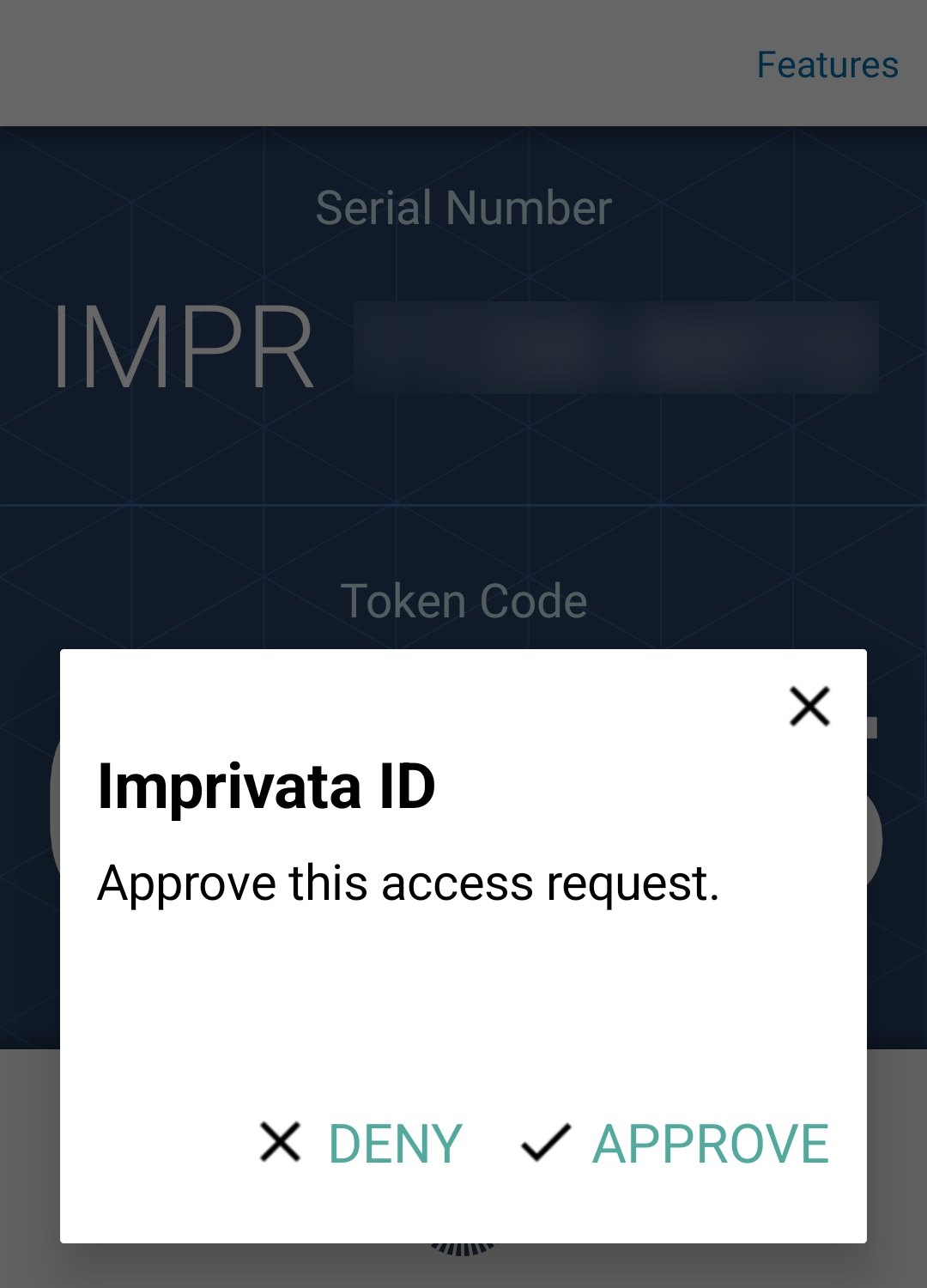 Imprivata ID app dialog: Approve this access request, with Deny and Approve buttons