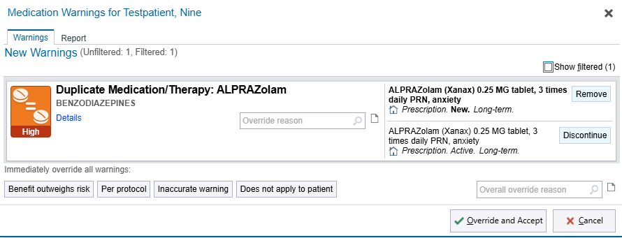 Medication Warnings dialog: a High duplicate therapy warning with Remove, Discontinue, override reasons, and Override and Accept