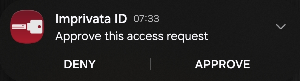 Imprivata ID phone notification: Approve this access request, with Deny and Approve