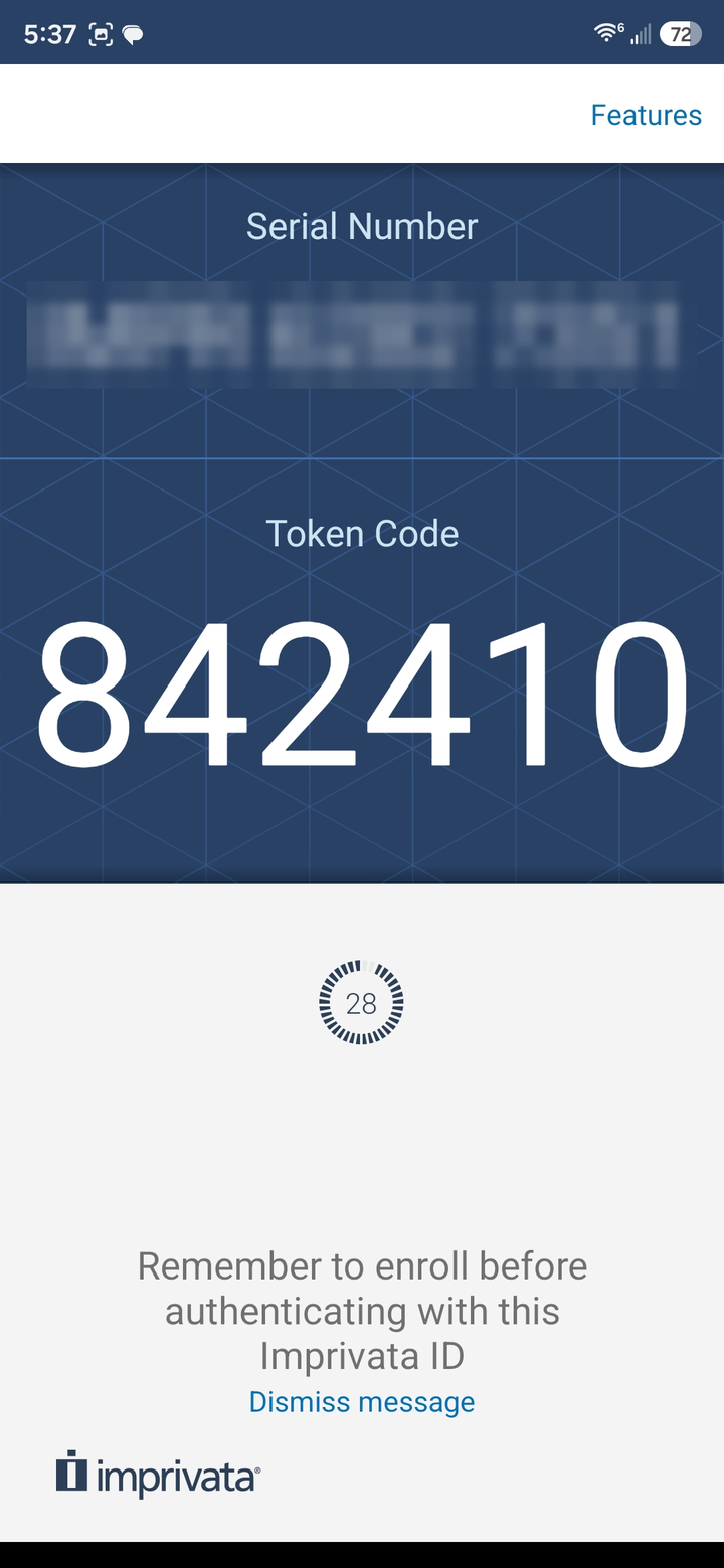Imprivata ID screen showing a Serial Number (blurred) and a six-digit Token Code