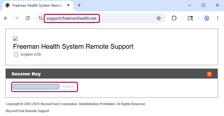 Freeman Health System Remote Support web page at support.freemanhealth.net, with the Session Key box and Submit button outlined