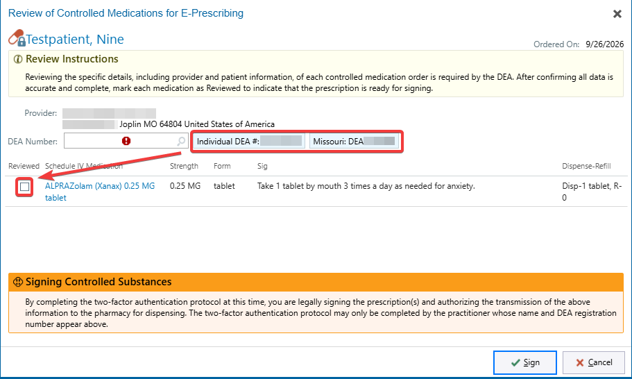 Review of Controlled Medications for E-Prescribing: DEA Number picker with Individual and Missouri options, Reviewed checkbox beside the medication, and the Sign button