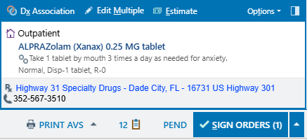 Epic order sidebar: outpatient ALPRAZolam order with the pharmacy shown and the Sign Orders button