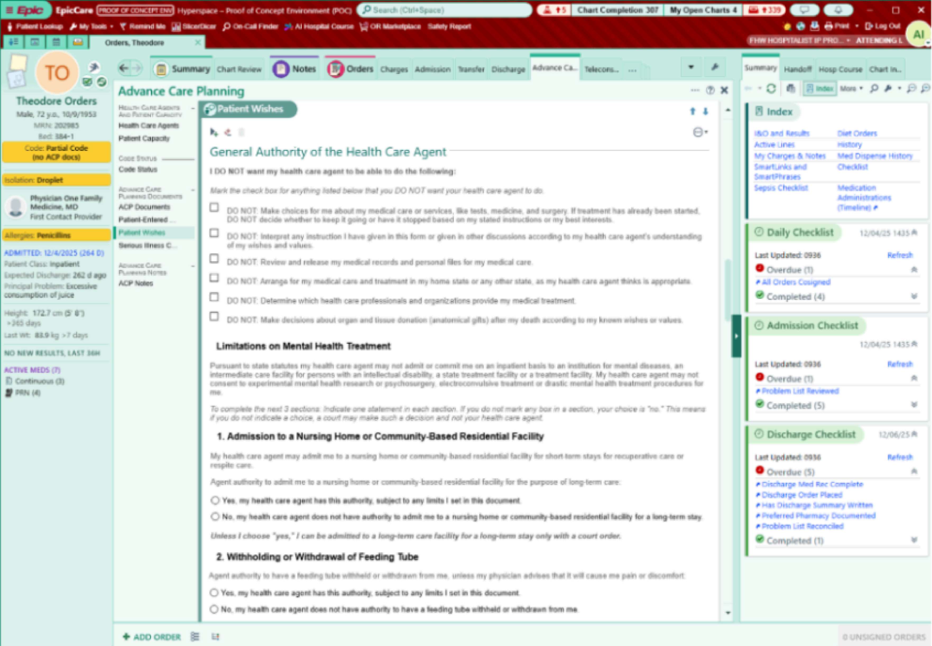 Hyperspace Advance Care Planning navigator showing the Patient Wishes SmartForm