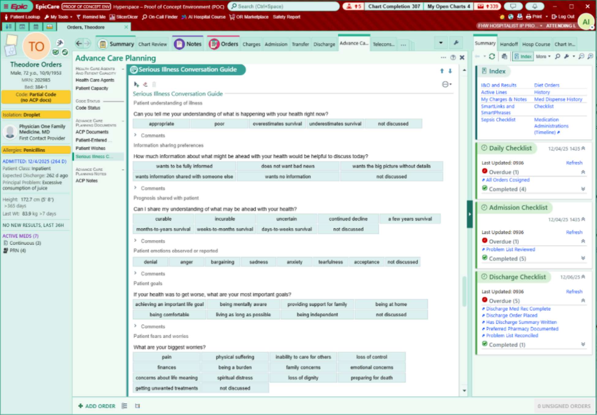 Hyperspace Advance Care Planning navigator showing the Serious Illness Conversation Guide