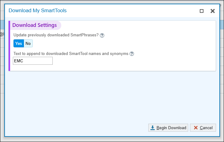 Download My SmartTools window with Update previously downloaded SmartPhrases set to Yes and EMC entered as the text to append to downloaded names