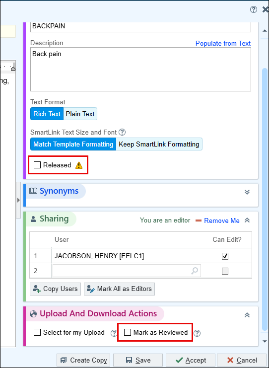 SmartPhrase Editor side panel with the Released checkbox and the Mark as Reviewed checkbox both outlined in red, used to finish activating a downloaded SmartPhrase