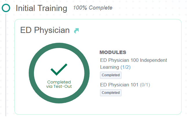 EpicU dashboard card showing Initial Training 100% Complete with a Completed via Test-Out checkmark