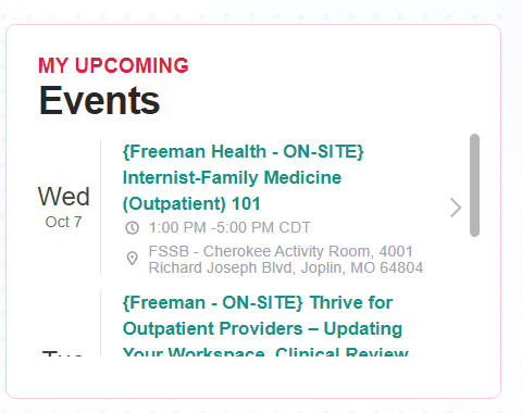 My Upcoming Events panel in the EpicU dashboard showing a class with date, time, and room location