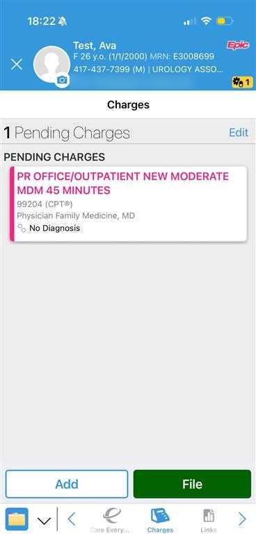 One pending charge, 99204, with No Diagnosis