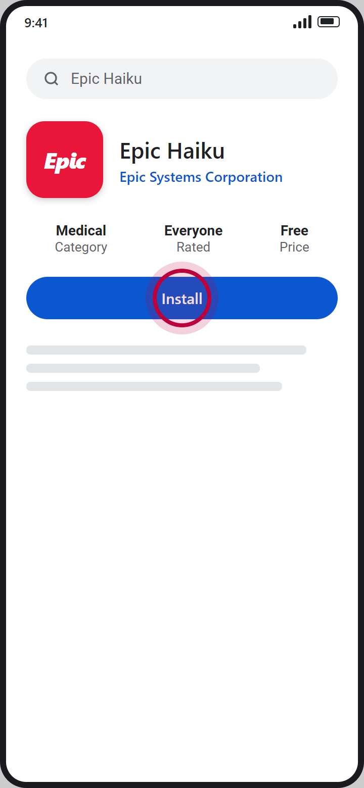 App store listing for Epic Haiku by Epic Systems Corporation, with a red circle on the Install button
