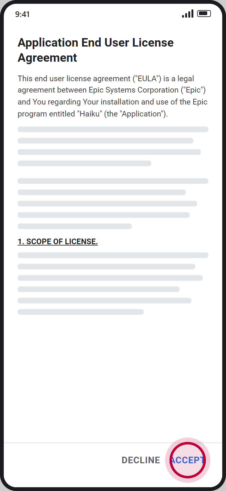 Application End User License Agreement screen with a red circle on Accept