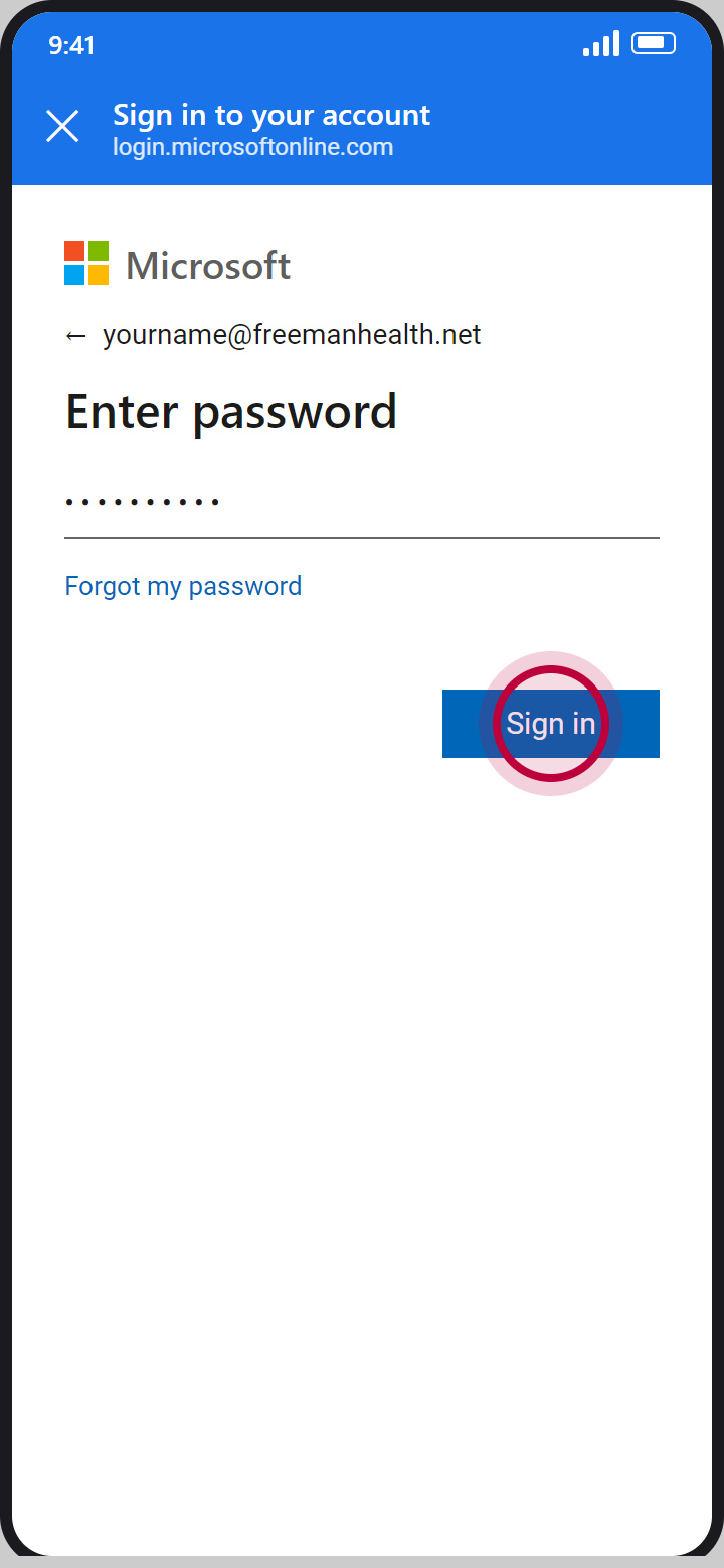 Microsoft Enter password page with the password hidden and a red circle on Sign in