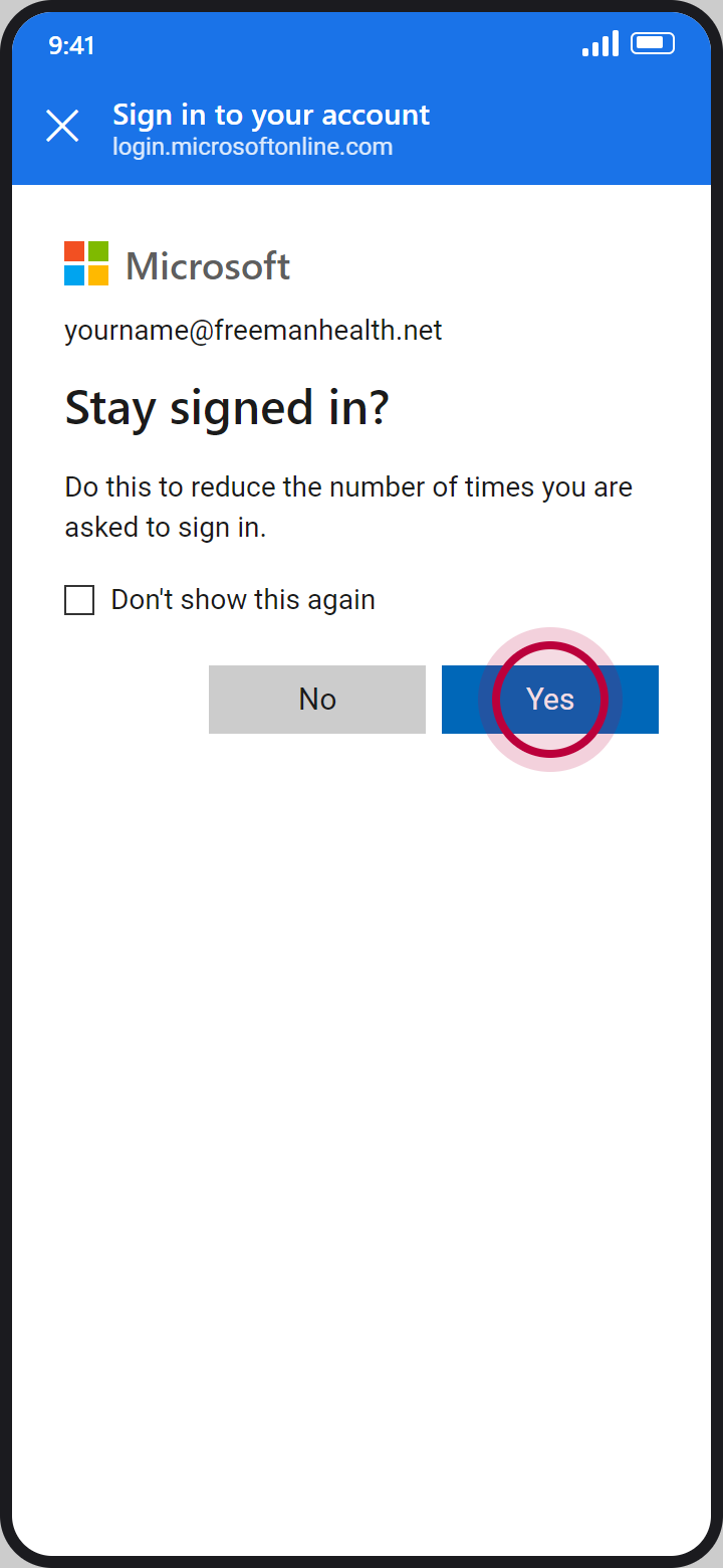 Microsoft Stay signed in page with a red circle on Yes