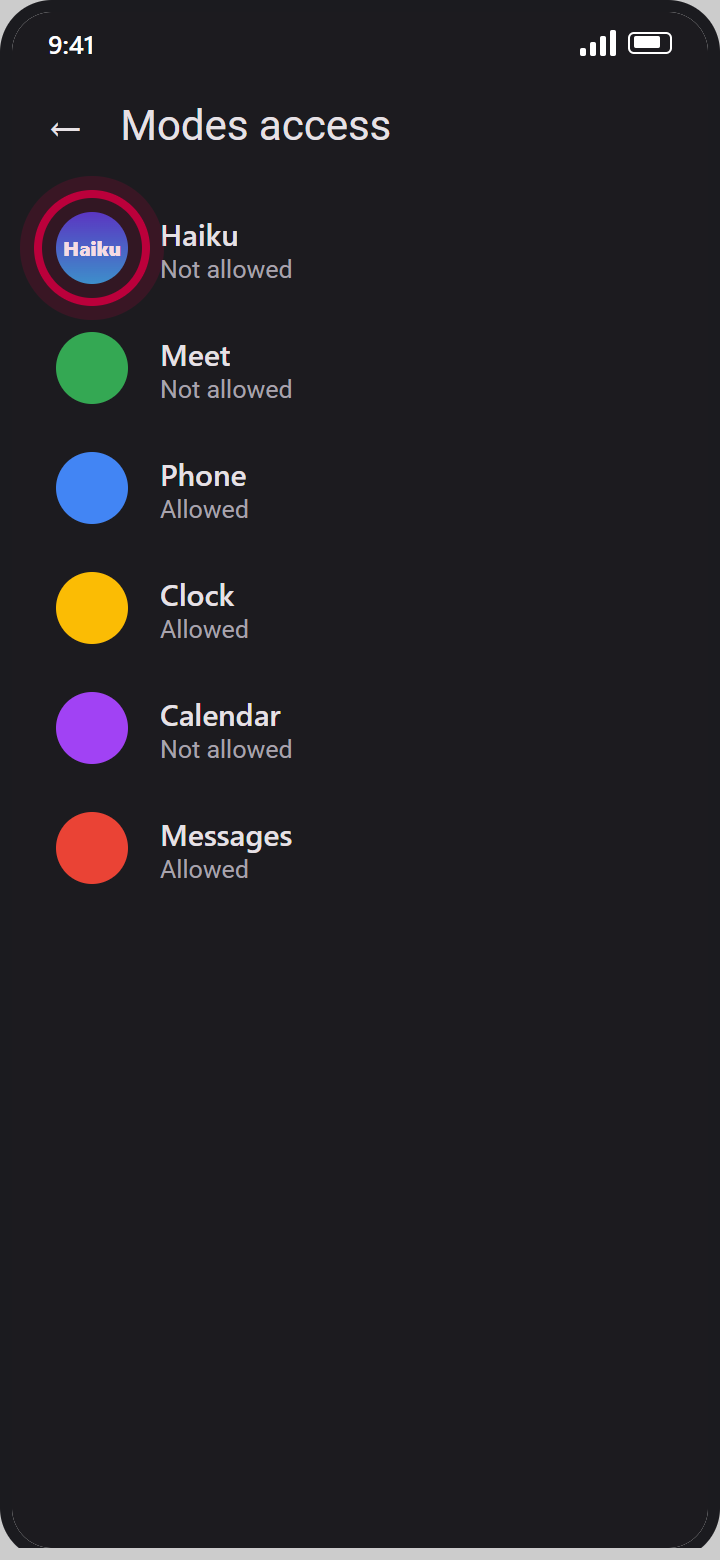 Phone settings list titled Modes access with a red circle on Haiku, Not allowed