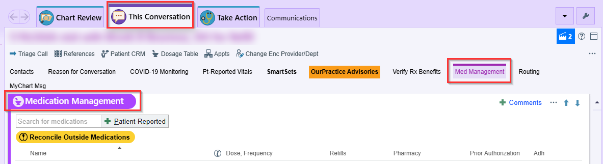 Refill encounter with the This Conversation tab, the Med Management section link, and the Medication Management section outlined. The visit title is blurred.