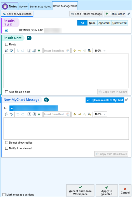 Result Management activity: the Result Note section marked 1 and the New MyChart Message section marked 2, with Release results to MyChart. The order number and MyChart recipients are blurred.