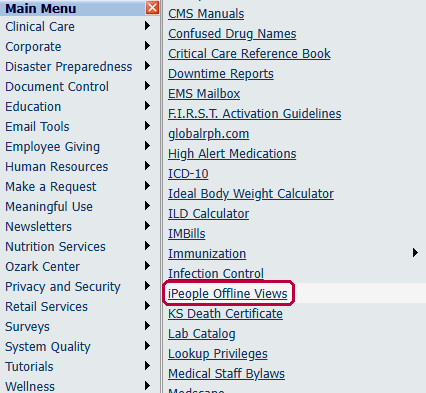 Freeman intranet Main Menu with a submenu open and iPeople Offline Views outlined in red