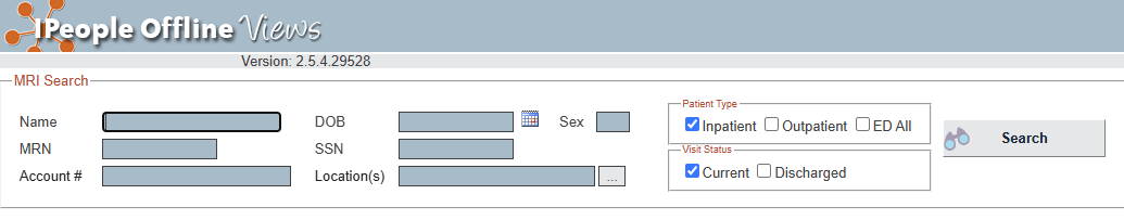 MRI Search screen as it opens, with only Inpatient and Current checked