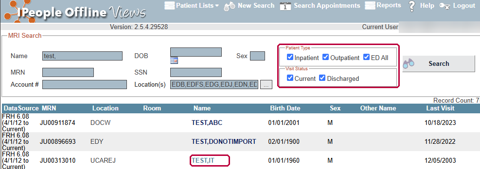 MRI Search with all five Patient Type and Visit Status boxes checked, both outlined in red, above a list of test patients with one name outlined in red