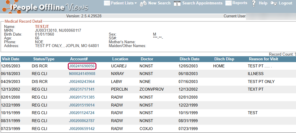 Medical Record Detail for a test patient with a list of visits, the first account number outlined in red