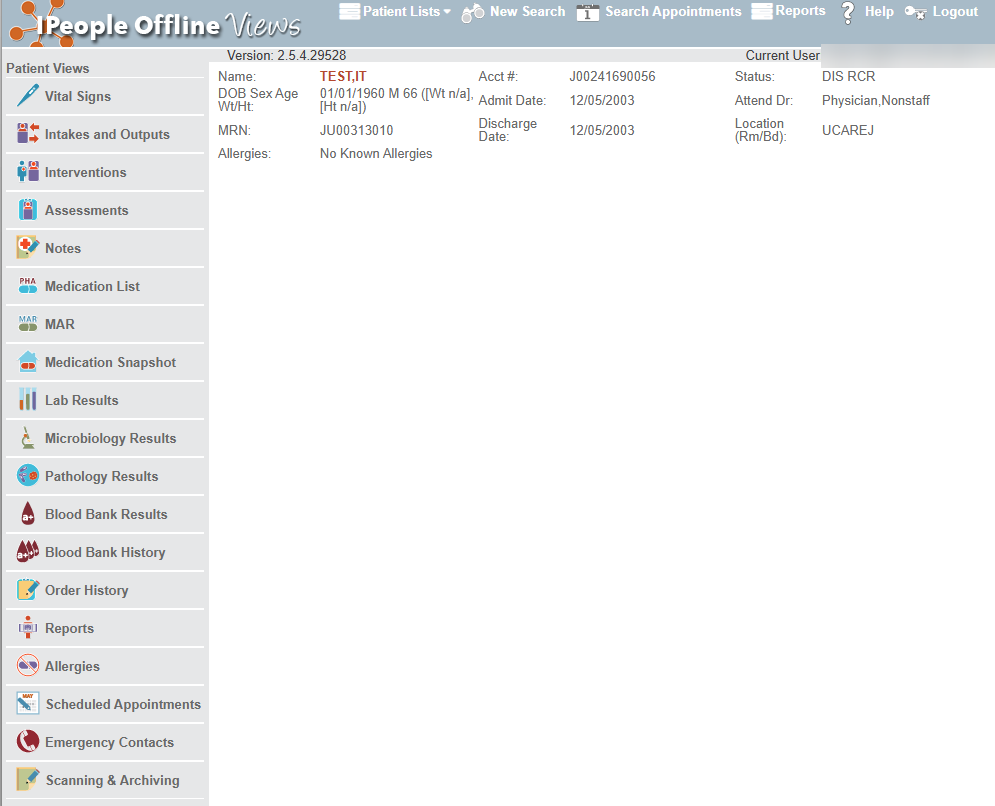 A test patient's visit in iPeople Offline Views with the Patient Views list down the left side